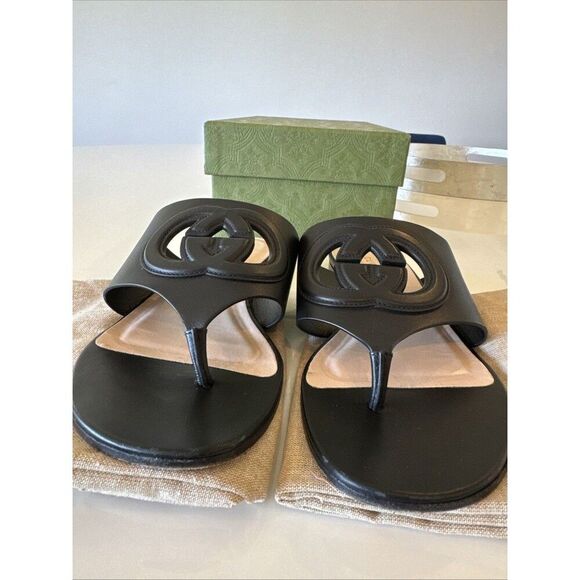 Gucci Black Leather GG Interlocking Cut Out Thong Sandals EU 38.5 US 8.5 - Picture 4 of 14